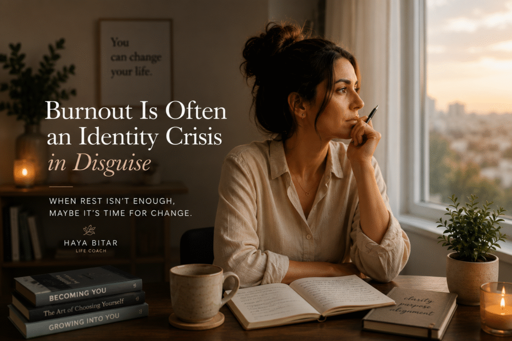 Woman sitting quietly by a window reflecting on burnout and identity transition