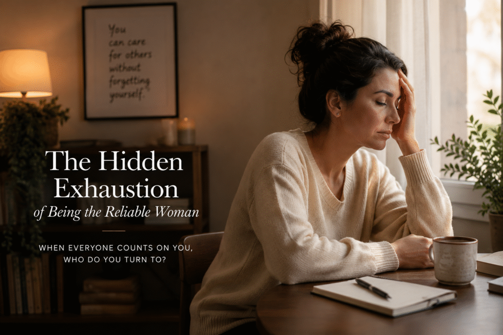 Thoughtful Middle Eastern woman sitting alone, reflecting on emotional exhaustion and the invisible weight of always being the reliable one