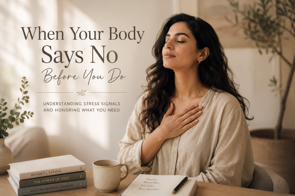 Thoughtful Middle Eastern woman with her eyes closed, gently placing a hand over her chest while reflecting on stress, emotional wellbeing, and the mind-body connection