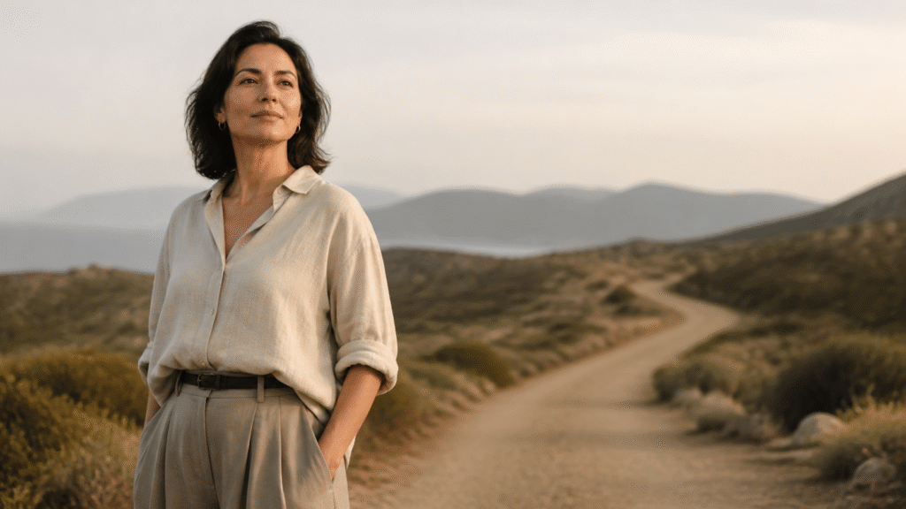 Woman standing confidently in a calm natural setting, representing authenticity, self-acceptance, and healthy boundaries.
