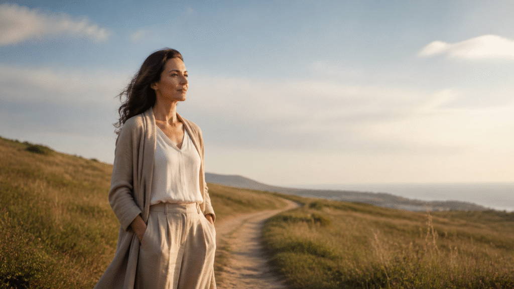 Woman standing confidently alone, representing identity, self-discovery, and life beyond family roles.