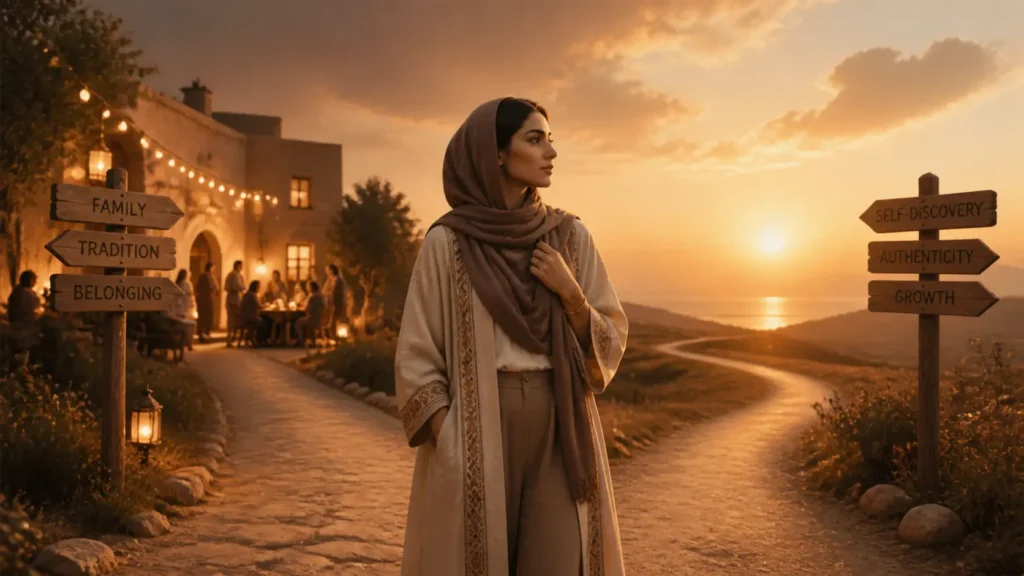 Thoughtful Middle Eastern woman navigating cultural expectations, identity, and belonging while balancing tradition and self-discovery